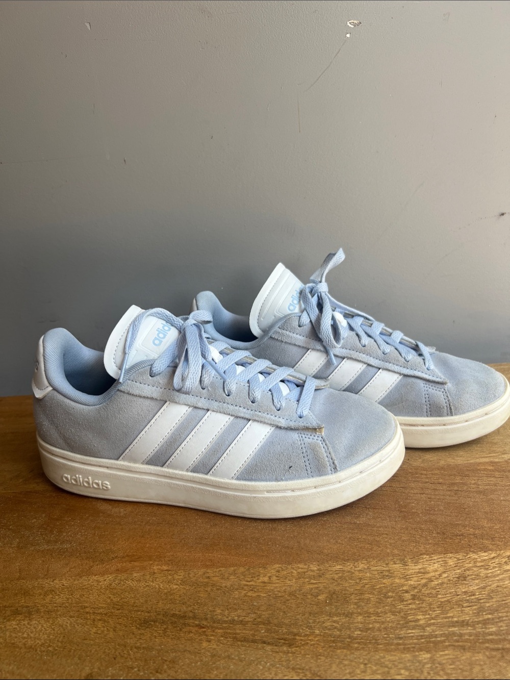 adidas Women’s Light Blue Suede Sneakers with White Stripes